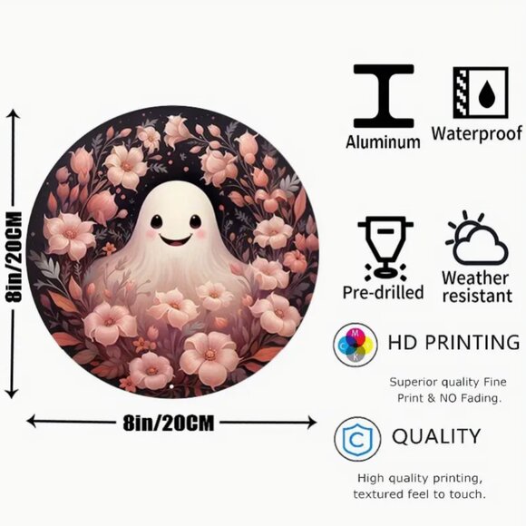 1pc 8x8 Aluminum Sign, Ghost Wreath Sign, Pink Floral Halloween Wreath Sign - Picture 2 of 2